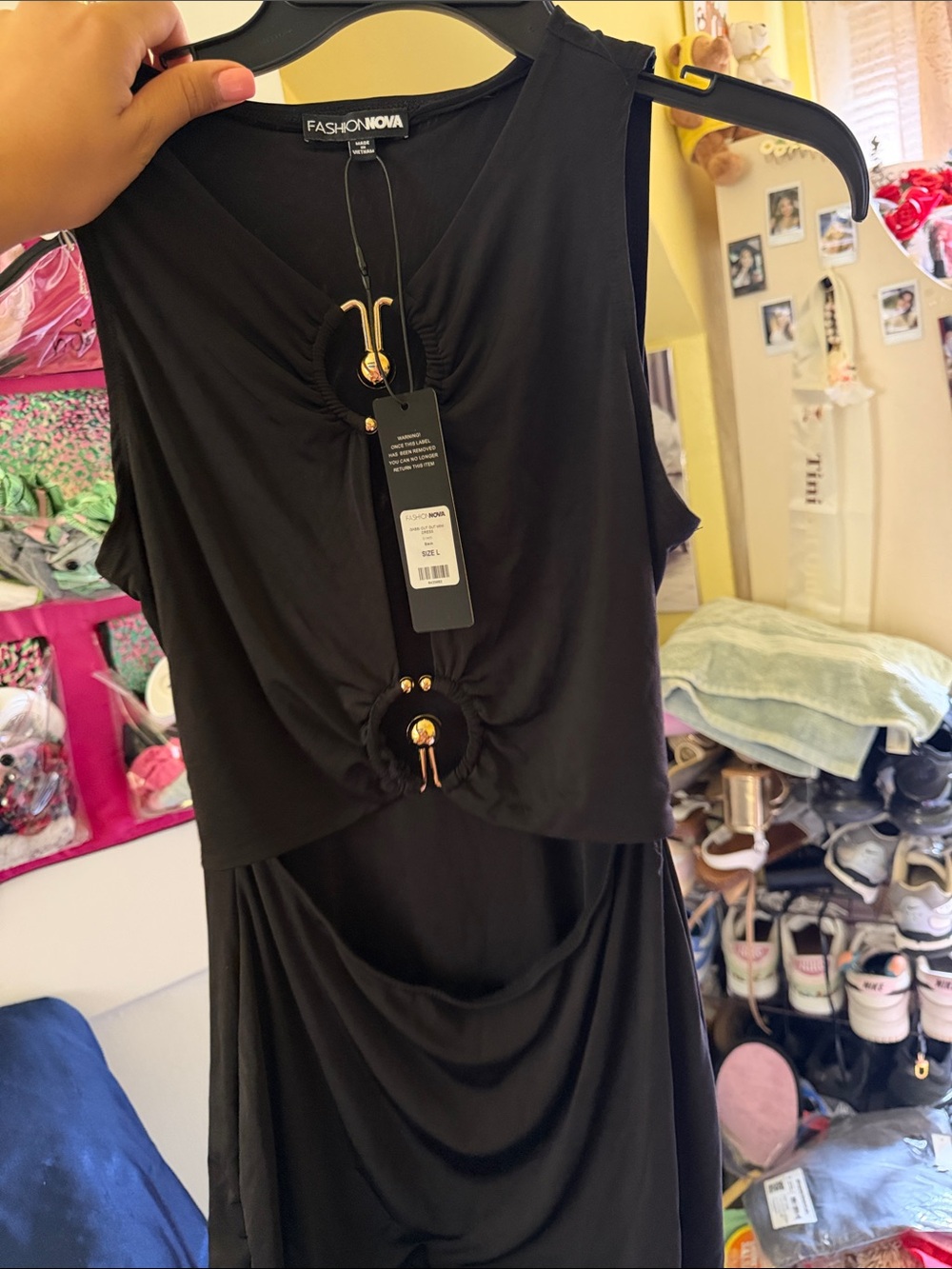 Fashion Nova Black Backless Dress with Gold Ring Accents